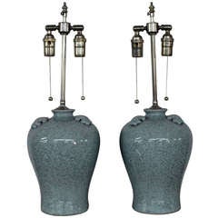 Pair of Pale Blue Crackle Finish Vases with Lamp Application