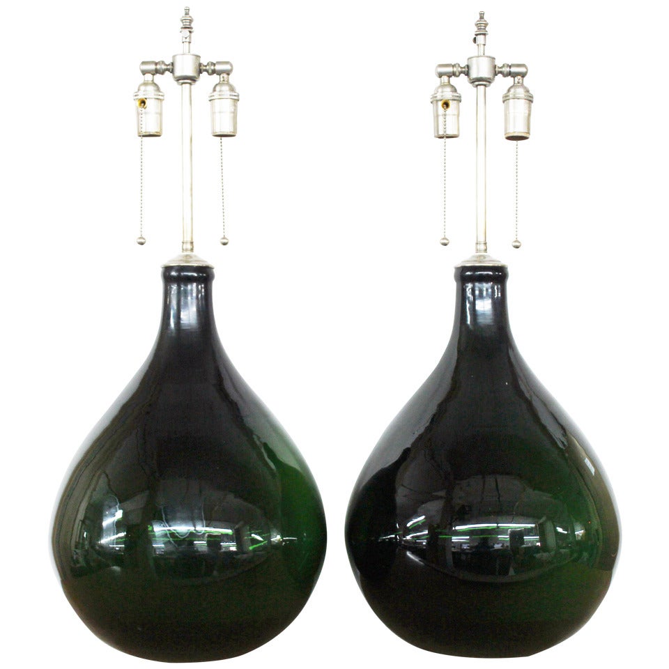 Pair of Large Emerald Green Glass Vessels with Lamp Application
