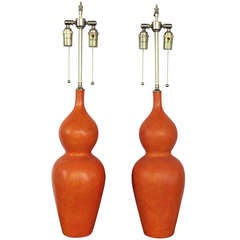 Pair of Vibrant Orange Glazed Ceramic Gourds with Lamp Application