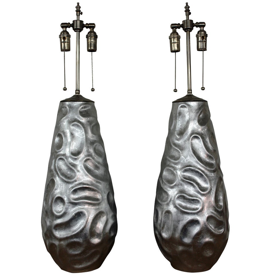 Pair of Large Silver Leafed Vases with Lamp Application
