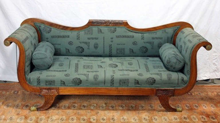 chic Empire settee with nicely carved details and bronze hardware