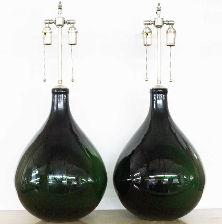 Pair of Large Emerald Green Glass Vessels with Lamp Application
