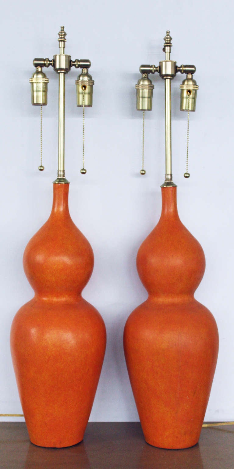 Pair of Vibrant Orange Glazed Ceramic Gourds with Lamp Application