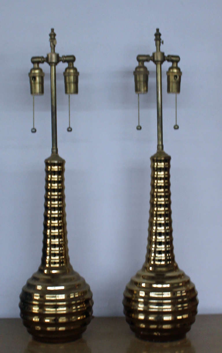Pair of Mid century modern gold glass vases with lamp application In Excellent Condition In Bronx, NY