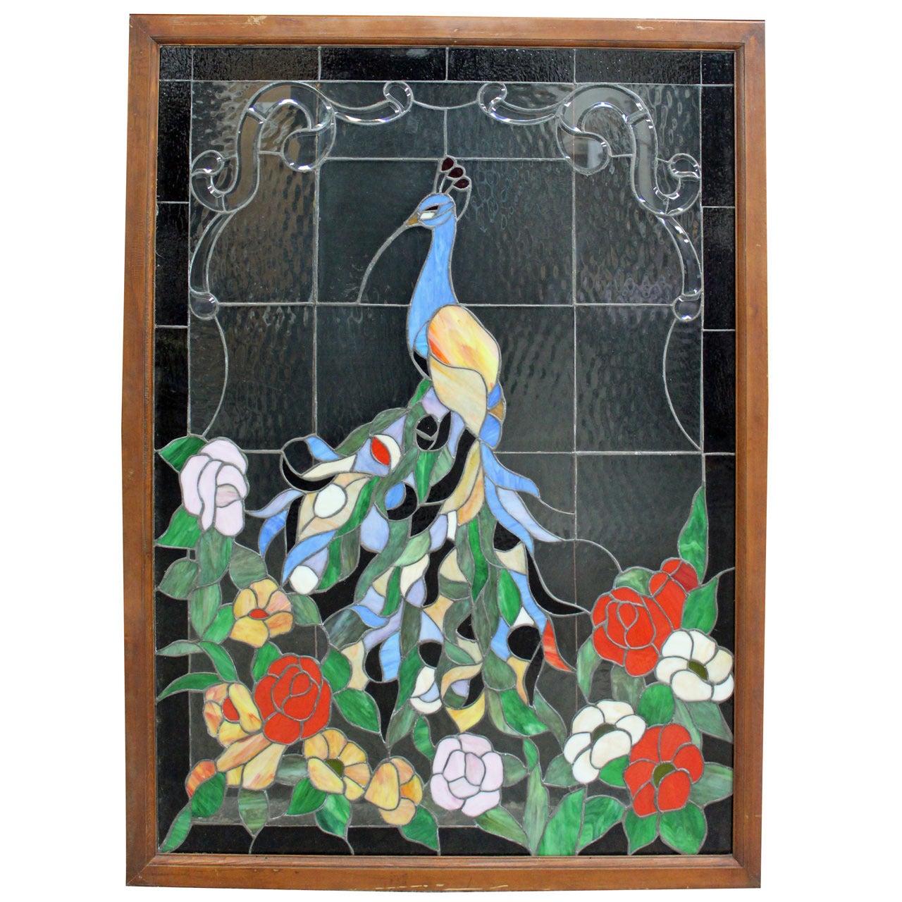 Large Vibrant & Beautifully Detailed Peacock Leaded Stained Glass Panel