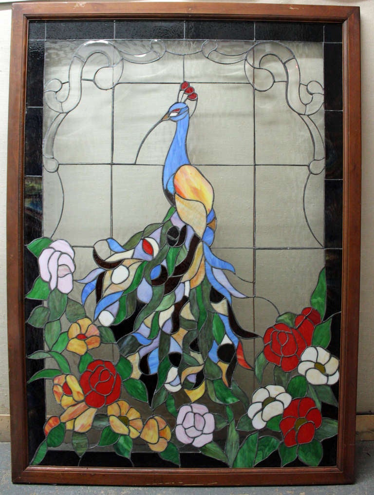 Large Vibrant & Beautifully Detailed Peacock Leaded Stained Glass Panel In Excellent Condition In Bronx, NY