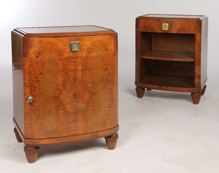 Pair of beautiful burled walnut nightstands with bronze hardware.