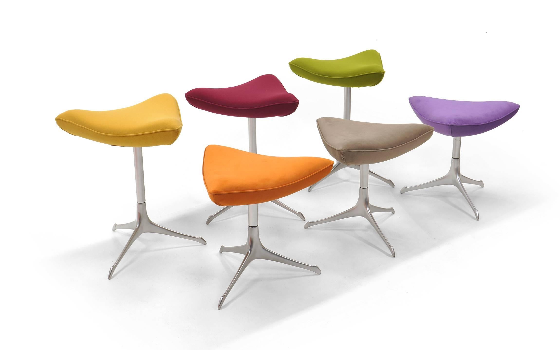 Vladimir Kagan bar stools and ottomans. The ultimate stool. Price is for each. A rare opportunity as these were showroom samples and then stored for many years. Condition is like new. Each is signed with metal tag 