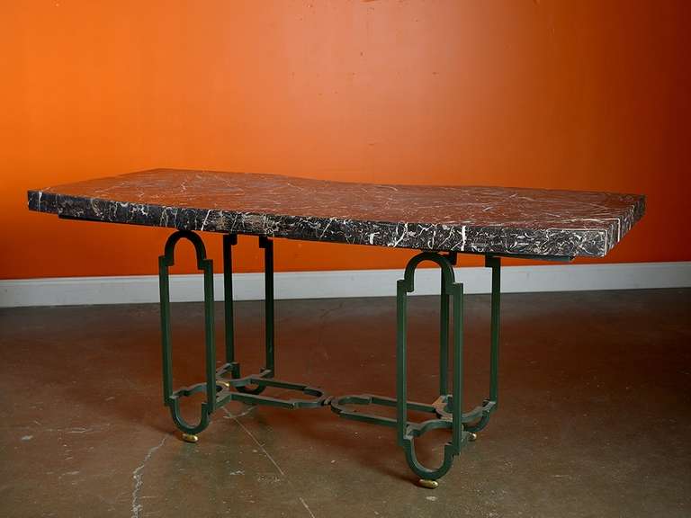 Vintage French Large Green Metal Base and Marble Top Desk