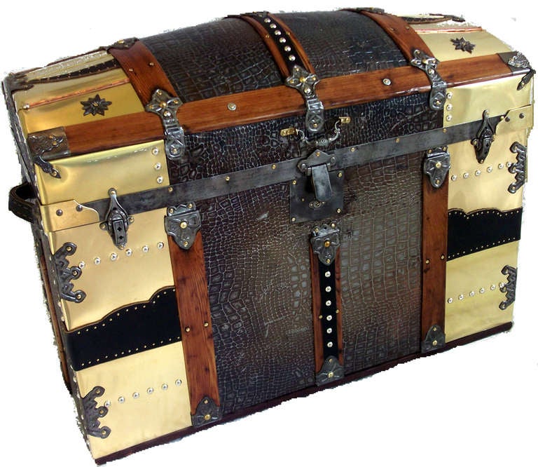 19th Century Leather and Brass Camel Back Antique Trunk