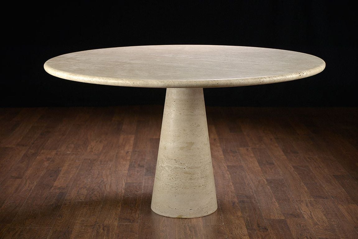 Vintage Italian travertine round dining table with conical base.