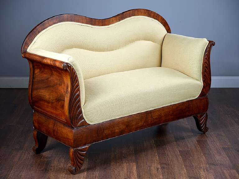 Antique Louis Phillipe Carved Walnut Settee with Upholstered Seat and Back