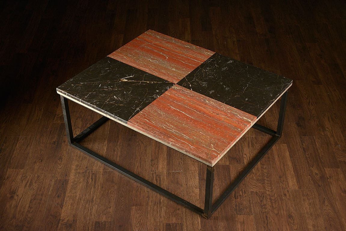 Vintage French Coffee Table with Marble Top and Black Iron Base 
Red Travertine and Black Marble