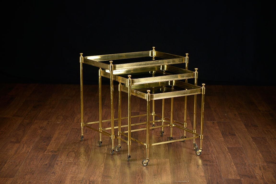 French Set of Three Vintage Brass and Glass Nesting Tables