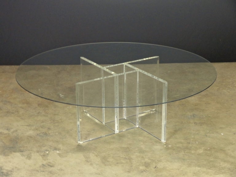 Vintage Lucite Four Sided Geometric Base Coffee Table
with Round Glass Top

