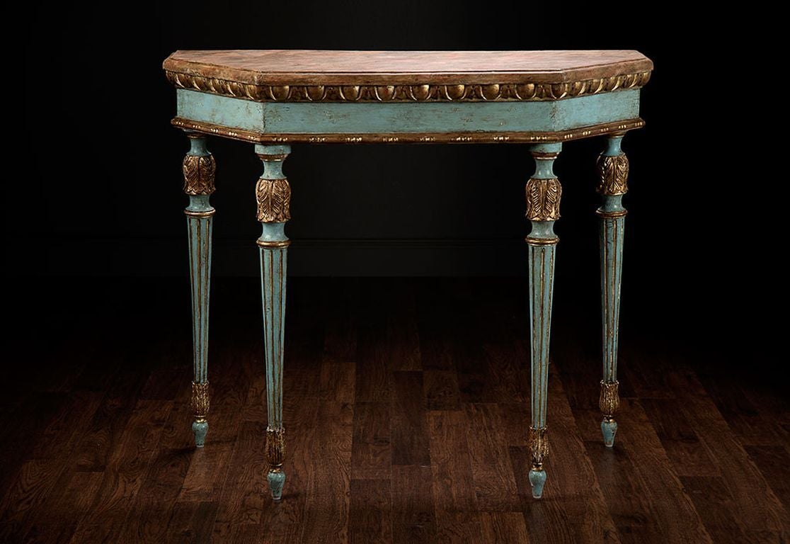 Antique Italian Console Table
Hand Painted Venetian Blue with Burnished Gold
and Faux Brown Marble Hand Painted Top