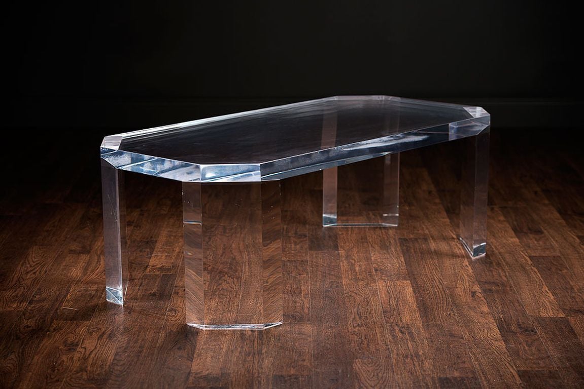 Vintage Rectangular Lucite Coffee Table
Thick Lucite Top and Legs with Rectangular Top and and Angled Edges
Four Thick Angled Lucite Legs, 2