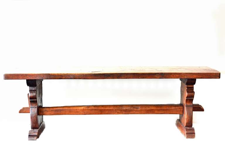Antique French Thick Top Chesnut Dining Table
Hand Planed Patina and Thick Top with Large Thick Beam Connecting to Two Legs, Top 2.75