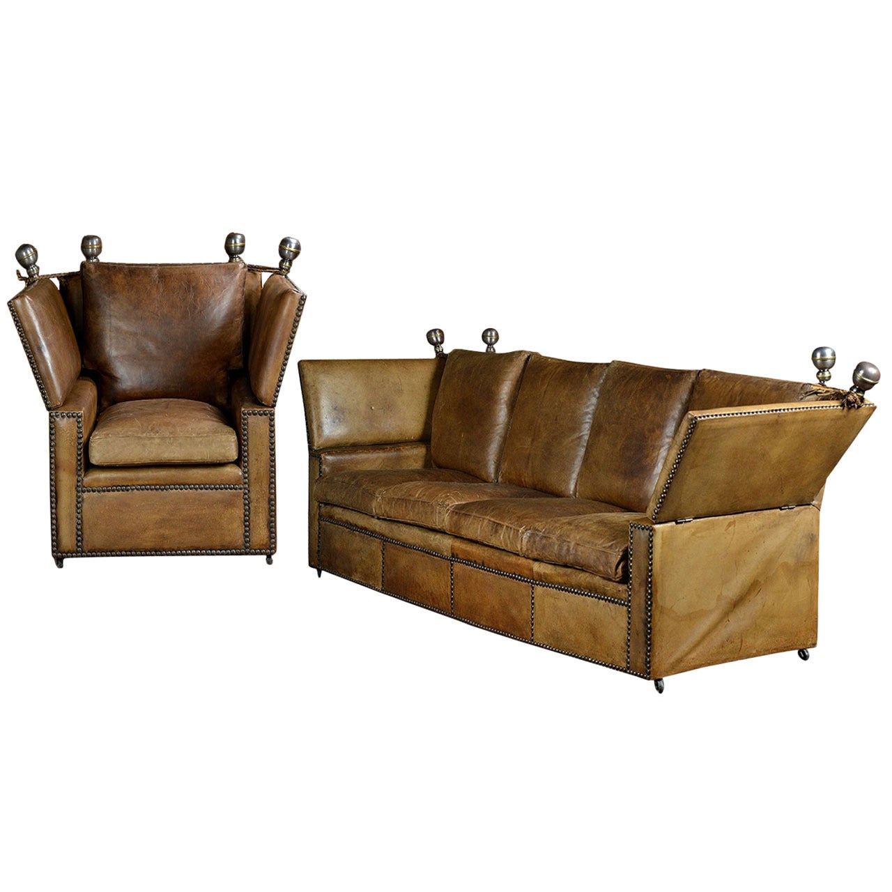 Antique French Leather Knole Sofa and Chair For Sale