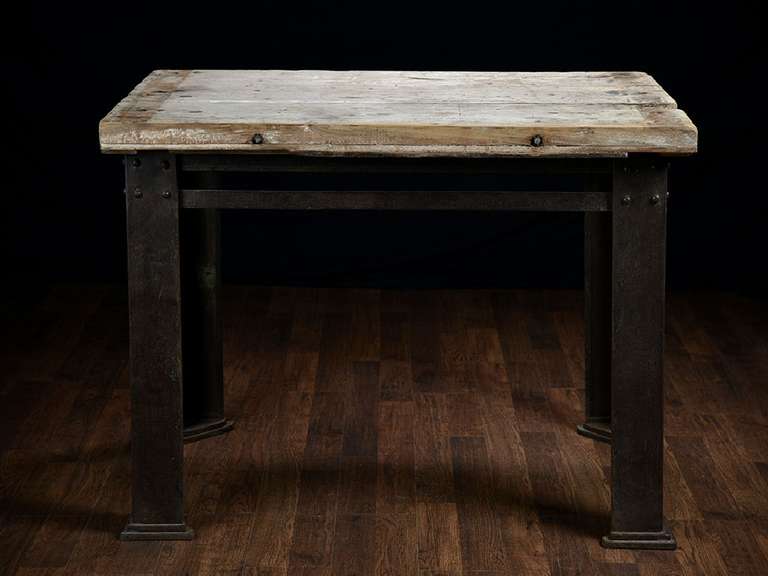 Industrial Antique French Iron and Teak Counter Table