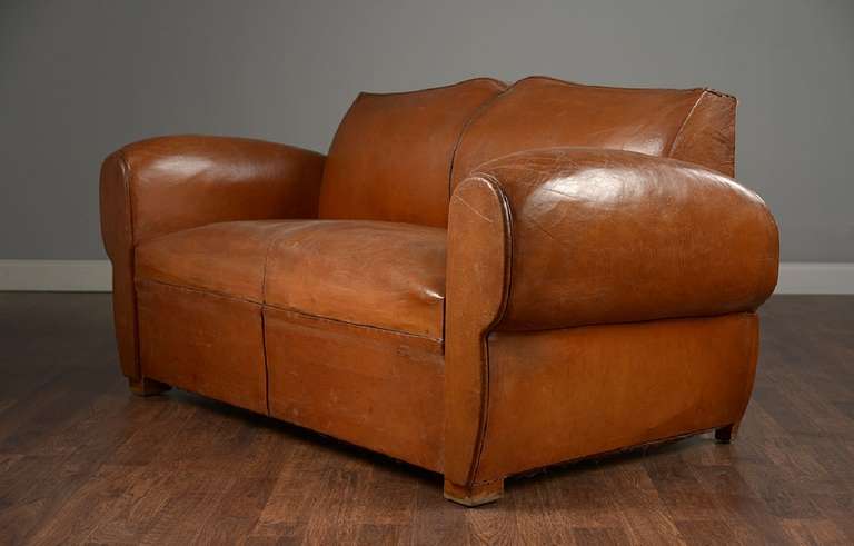 Antique French Mustache Back Leather Loveseat For Sale 2