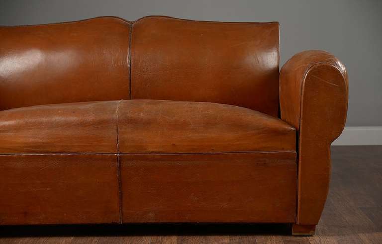 Mid-20th Century Antique French Mustache Back Leather Loveseat For Sale