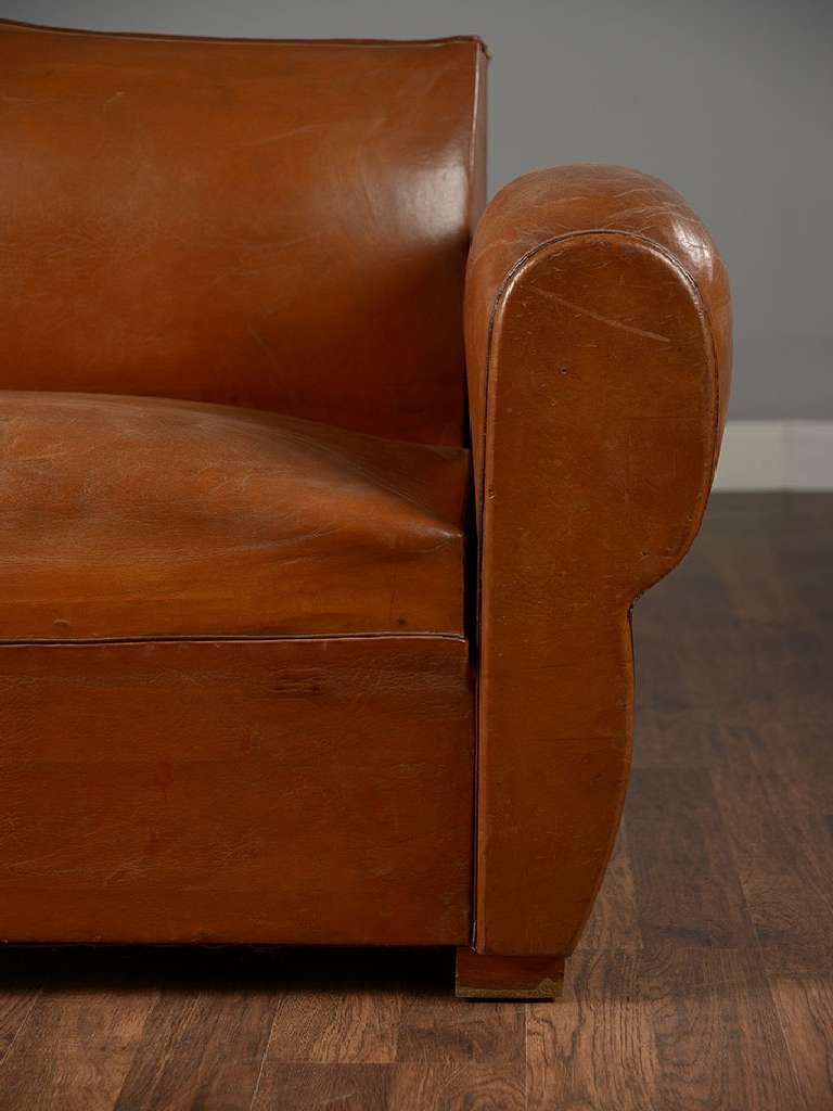 Antique French Mustache Back Leather Loveseat For Sale 1