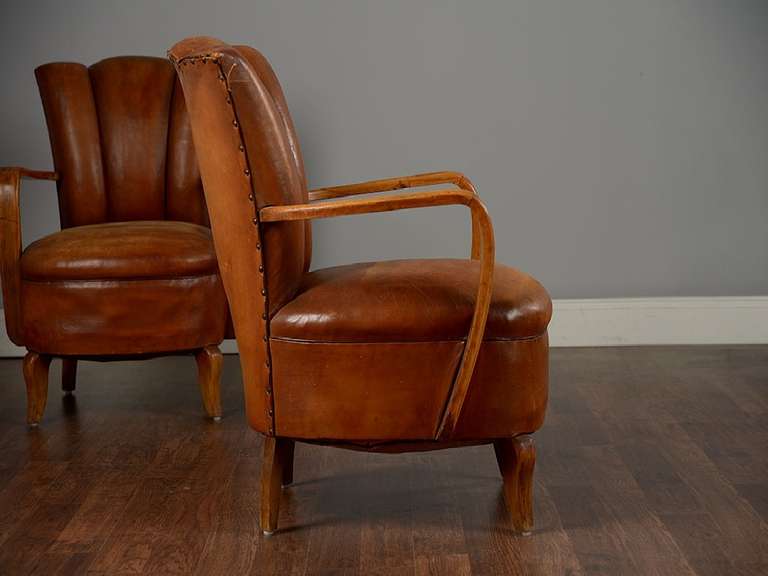 Pair of Antique Leather Channel Back Armchairs 4