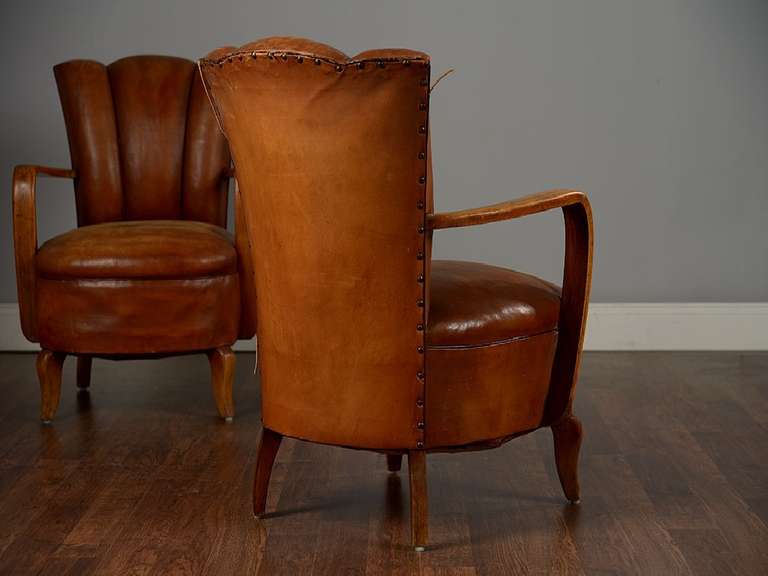 Pair of Antique Leather Channel Back Armchairs 5