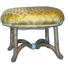 Antique Round Gilt Faux Bamboo Upholstered Stool
