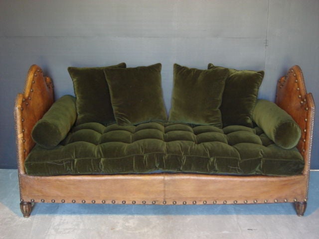 French Leather Daybed with Nailhead Decor and Carved Legs