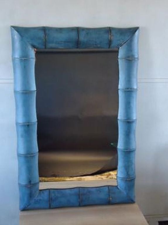 Vintage Large Faux Bamboo Mirror with Aged Blue Frame