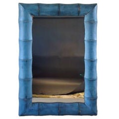 Vintage Large Faux Bamboo Mirror with Aged Blue Frame