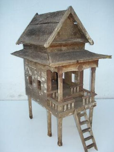 Antique Thai Spirit House on Stilts, Used to Place Offerings for the Spirits, and as a Place for Spirits to Rest in Unused Rice Fields, Original Wood