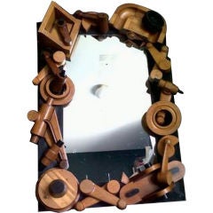 Vintage Folk Art Mirror Framed with Wooden Machine Parts