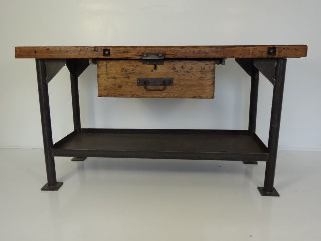 Antique French Pine Work Table<br />
with Large Drawer and Original Hardware and Metal Shelf and Legs