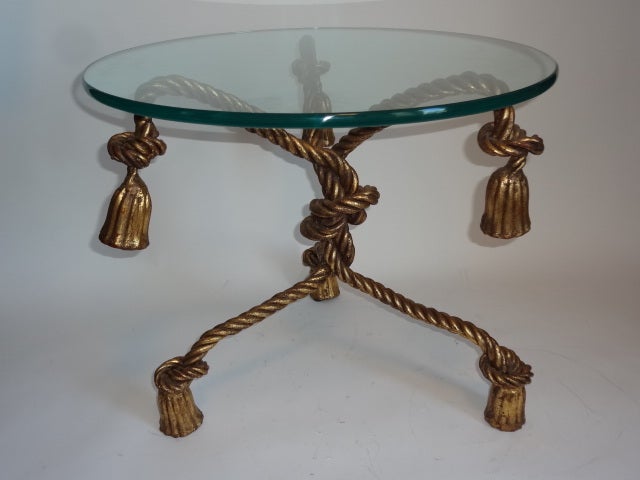 Vintage Gilded Italian Metal Rope and Tassel Base Side Table with Round Glass Top