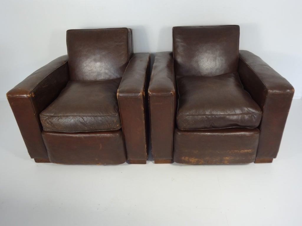 Pair of Vintage Chocolate Brown Moderne Style Leather Club Chairs, Completely Re-Furbished