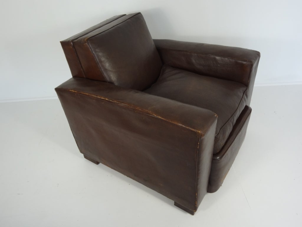 French Pair of Vintage Chocolate Brown Moderne Leather Club Chairs For Sale