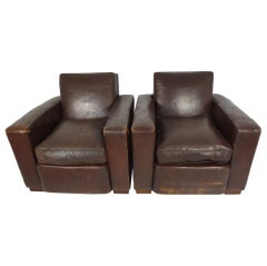 Pair of Vintage Chocolate Brown Moderne Leather Club Chairs
