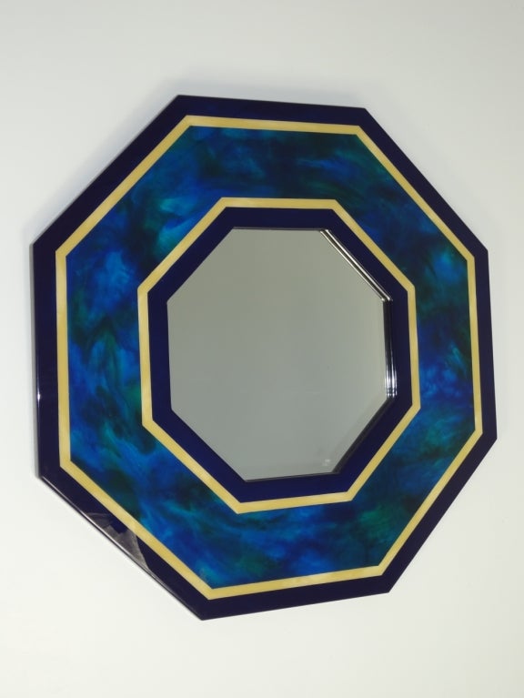 Vintage French Octagonal Lacquered Mirror in Unusual Blue-Green Color with Double Black and Gold Bands