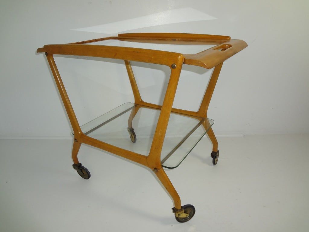 Antique French Maple Bar Cart with Tray Glass Top