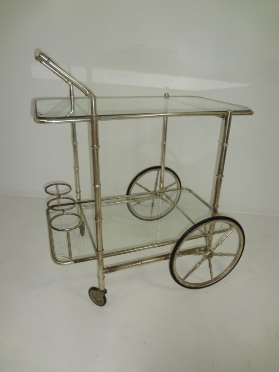Antique French Silverplate Two Level Bamboo Motif Bar Cart
with Spoked Wheels, 3 Ring Bottle Holders and Glass Shelves