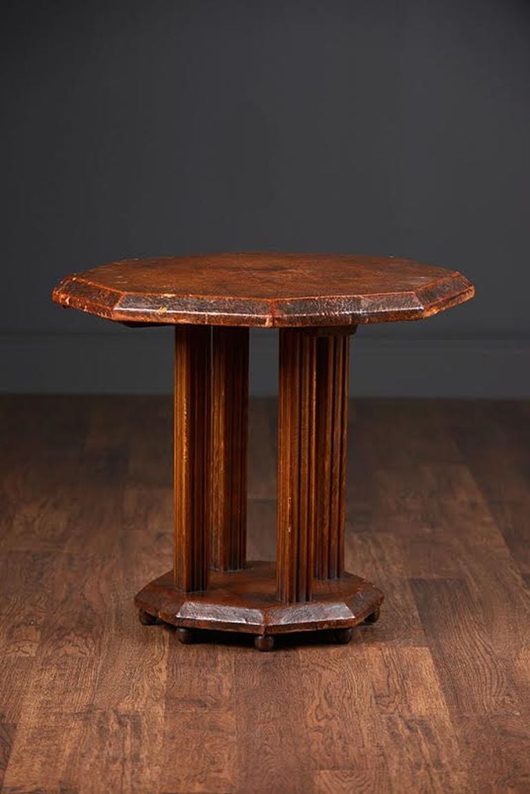 Vintage Leather Octagonal Side Table with Wood Pillar Base