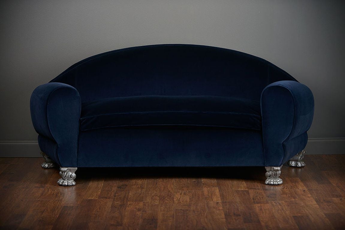 Antique French Velvet Art Deco Sofa with Paw Feet In Excellent Condition For Sale In New York, NY