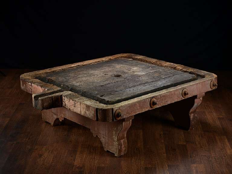 Rustic Large Antique French Farm Wine Press Base now as Coffee Table with Gallery Edge and Original Large Industrial Bolts
Original Aged Painted Patina with Wear Consistent with Age and Use
Aged Patina with Original Spout for Wine to Drain