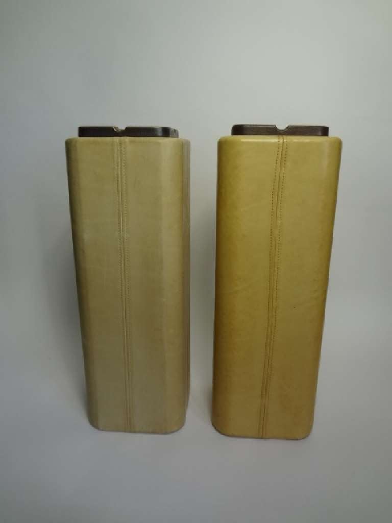 French Pair of Vintage Cream Leather Standing Cigarette Ashtrays For Sale
