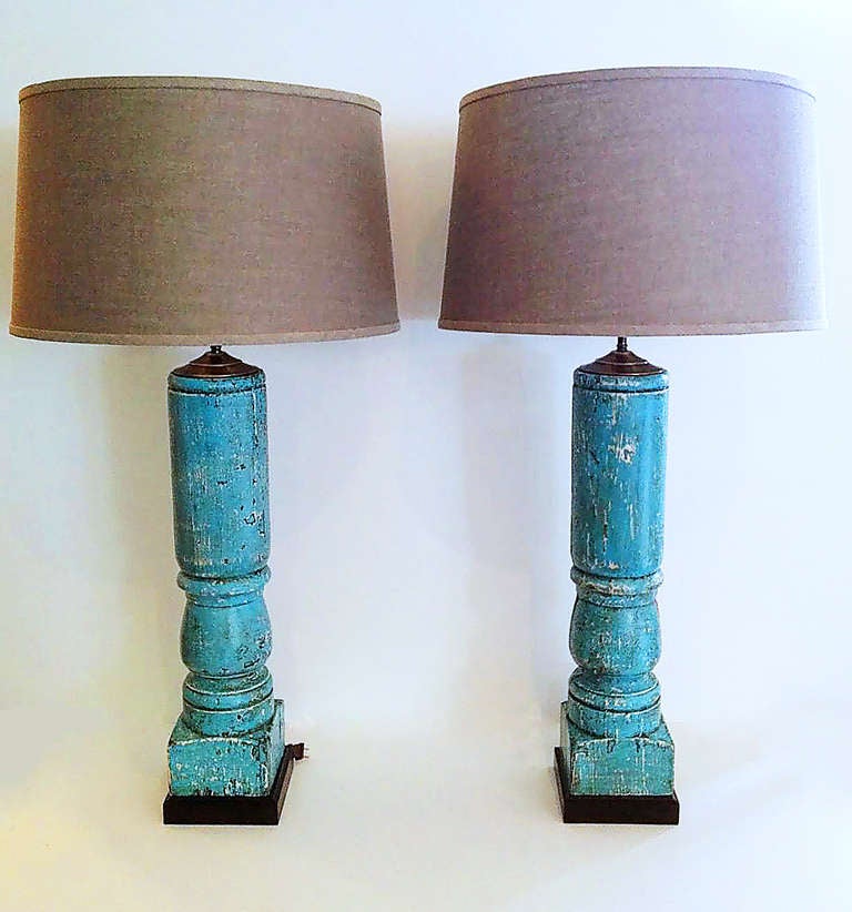 Pair of Vintage Turquoise Painted Turned Wood Column Lamps