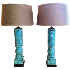 Pair of Vintage Turquoise Painted Turned Wood Column Lamps