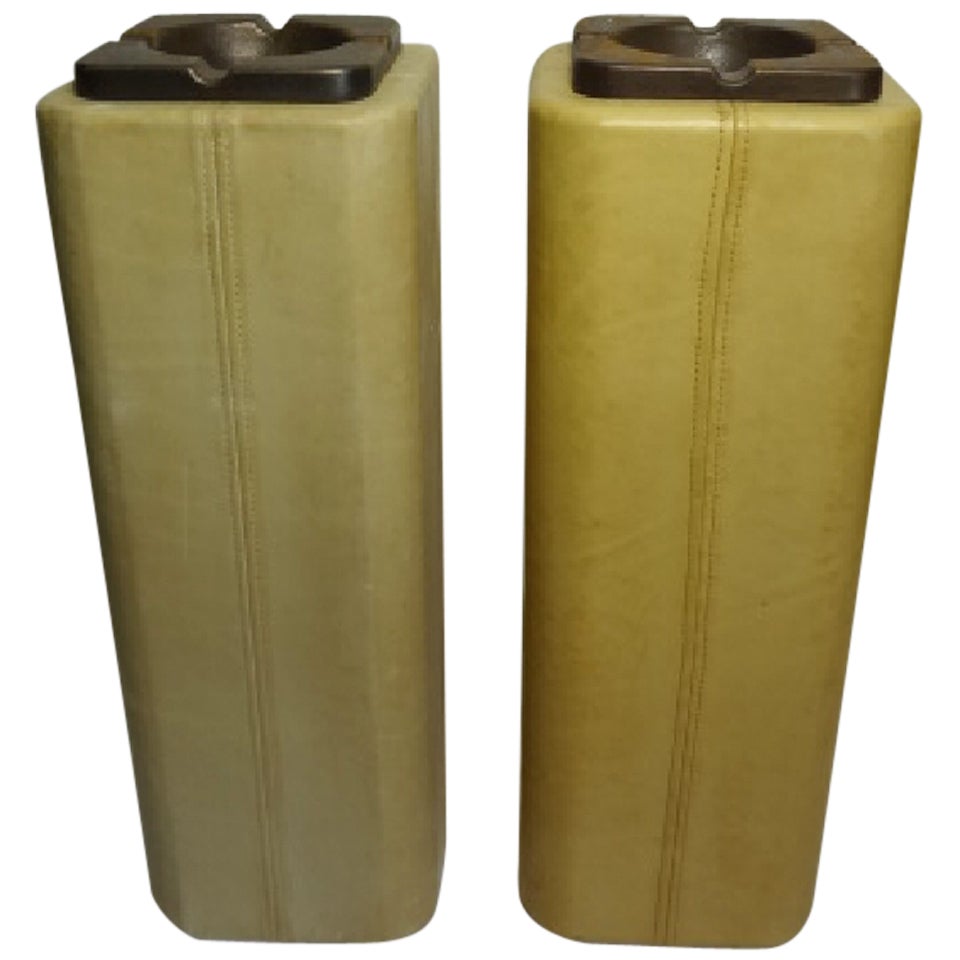 Pair of Vintage Cream Leather Standing Cigarette Ashtrays For Sale
